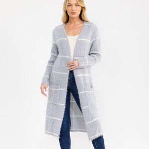 B22 LONG SLEEVE OPEN FRONT POCKETS CARDIGAN DUSTER GRAY NEW